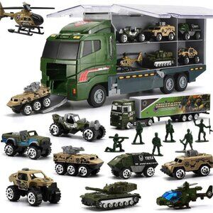 26 Pcs Military Truck with Soldier Men Set(2 in 1), Mini Die-cast Battle Car